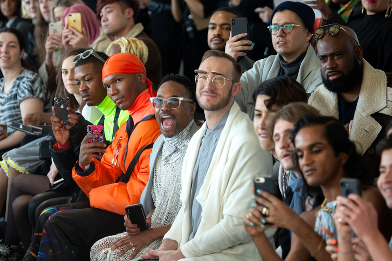 NYFW Men’s Ambassador Billy Porter and Adam Smith (Center) sit front row during ‘No Sesso’ show at Pier 59 Studios on February 04, 2019 in New York City. (Photo by